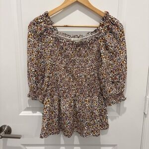 Max Studio | Smocked Floral Blouse Top Sz XS Elbow Sleeve Cottagecore Boho
